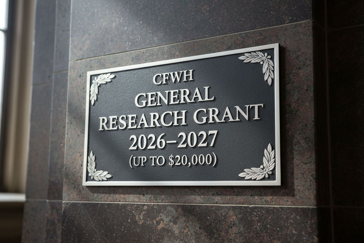A dark metal plaque mounted on a granite pillar displays the text "CFWH GENERAL RESEARCH GRANT 2026–2027 (UP TO $20,000)".