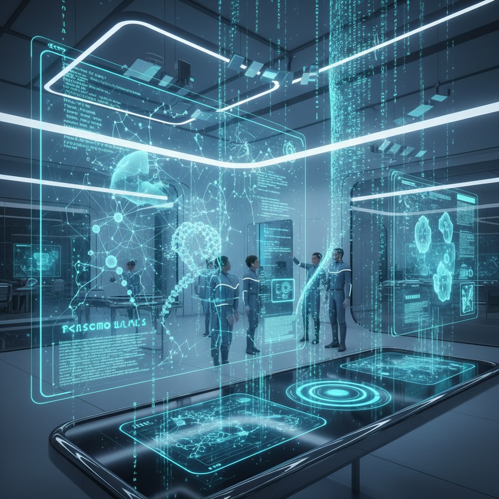 Several people in futuristic suits stand in a high-tech laboratory surrounded by glowing blue digital displays and data visualizations.