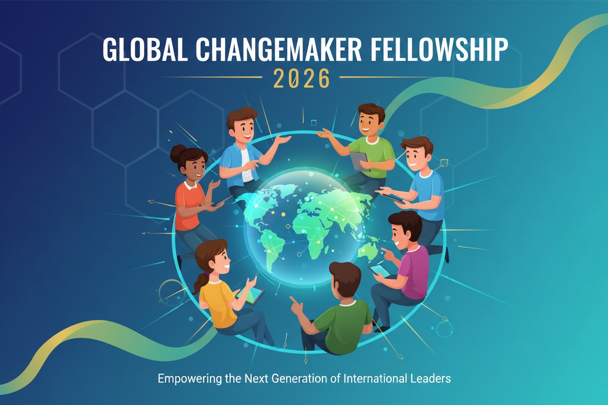 An illustration shows young people gathered around a glowing globe for the Global Changemaker Fellowship 2026.
