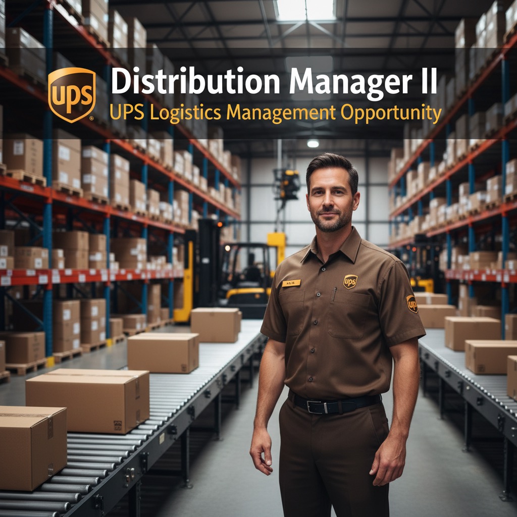 A UPS employee in a brown uniform stands in a warehouse with conveyor belts and tall storage racks filled with boxes.