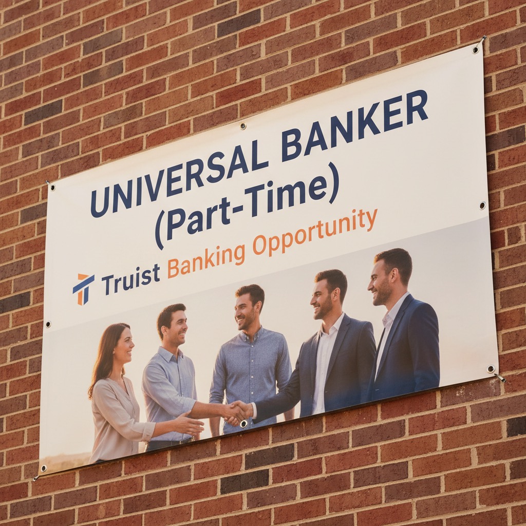 A rectangular vinyl banner mounted on a red brick wall advertises a part-time universal banker position at Truist, featuring text and a photo of five smiling employees shaking hands.