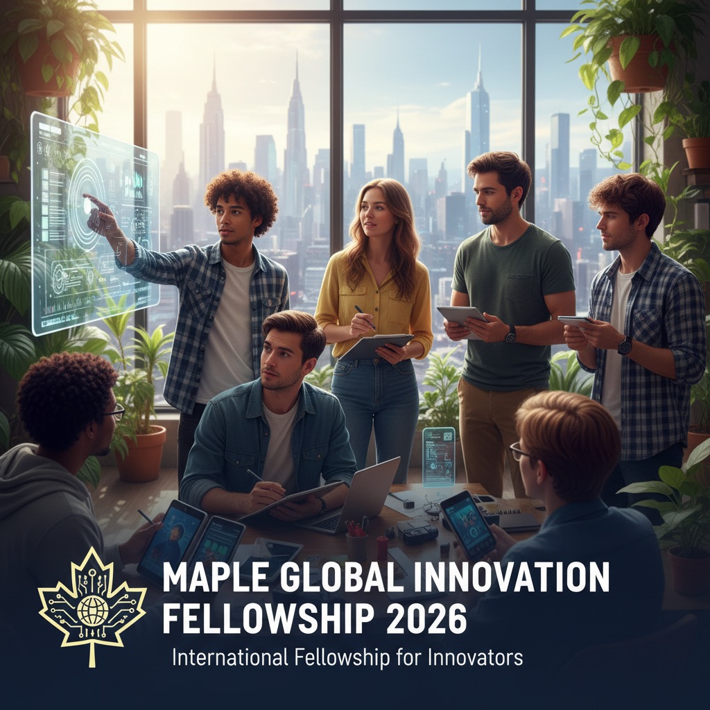A diverse group of young professionals collaborates around a table in a modern office with a city skyline visible through large windows, with text reading "Maple Global Innovation Fellowship 2026."