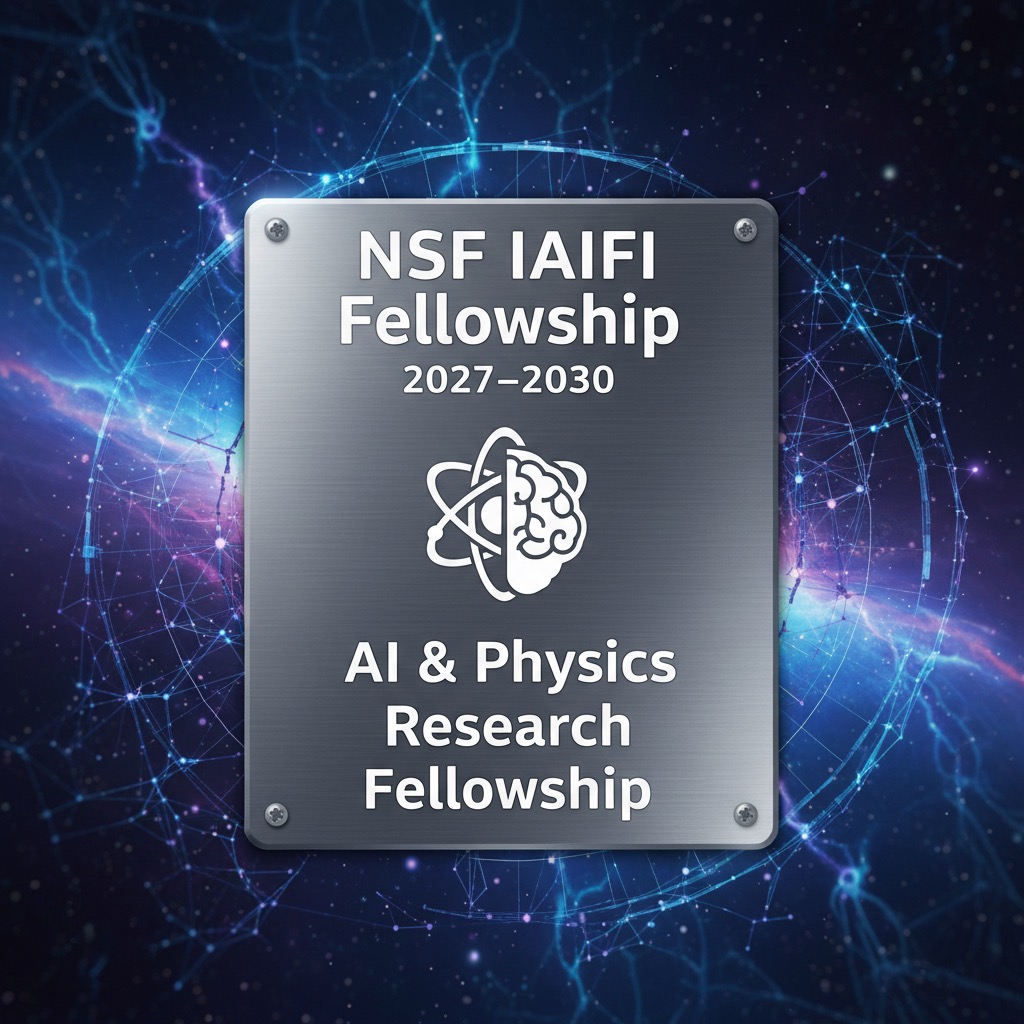 A metal plaque on a cosmic background displays the text "NSF IAIFI Fellowship 2027–2030," an icon combining an atom and a brain, and the text "AI & Physics Research Fellowship."