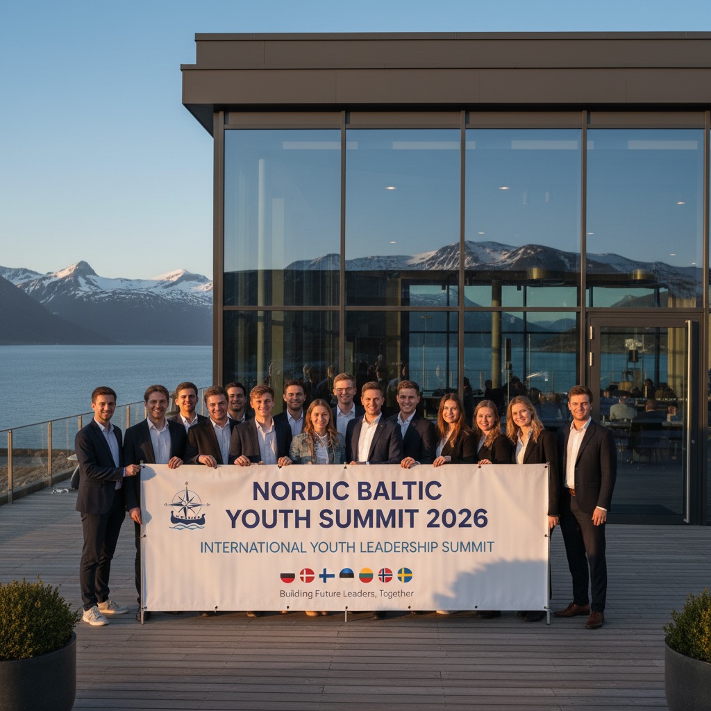 A diverse group of young adults stand together on a wooden deck holding a banner for the Nordic Baltic Youth Summit 2026, with a modern glass building, a fjord, and snow-capped mountains in the background.
