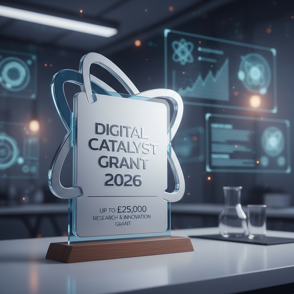 A glass and metal award for the Digital Catalyst Grant 2026 sits on a lab table with digital data displays in the background.