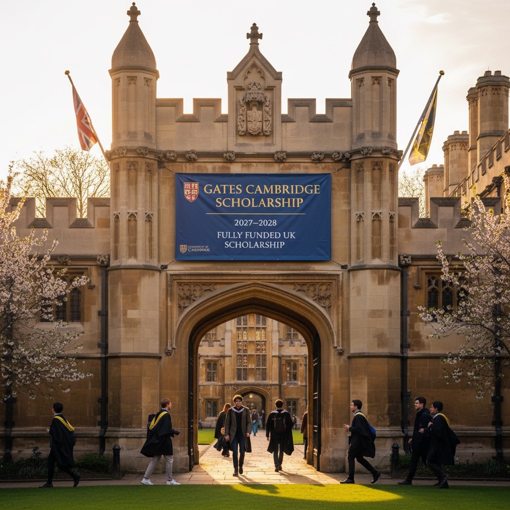 A large banner reading "Gates Cambridge Scholarship" hangs above the arched stone gateway of an old university building as students walk by.