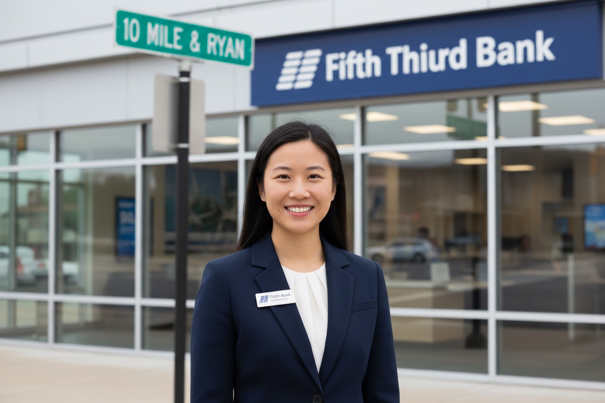 A smiling Asian woman wearing a dark blue suit stands outside a Fifth Third Bank branch near a street sign that reads 10 Mile & Ryan.