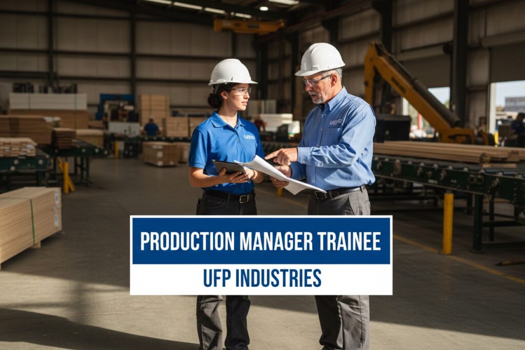 Two workers in hard hats and blue shirts review paperwork together in a wood manufacturing facility.