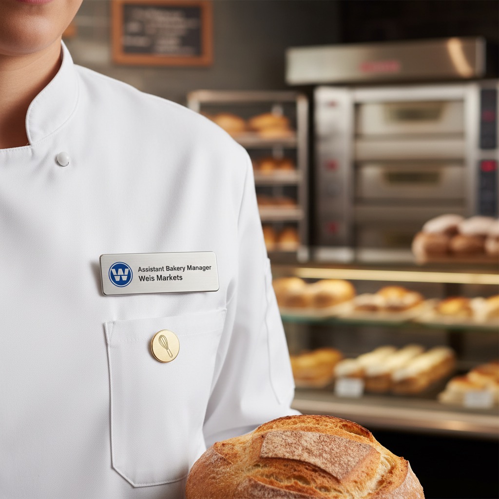 An assistant bakery manager in a white chef coat holds a loaf of bread in front of bakery displays.