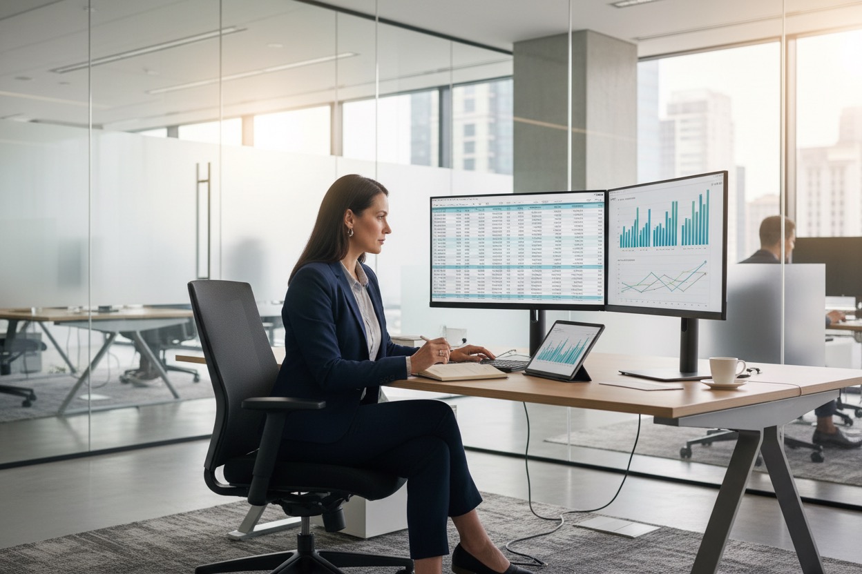 A businesswoman sits at a modern office desk reviewing financial data on dual monitors and a tablet.