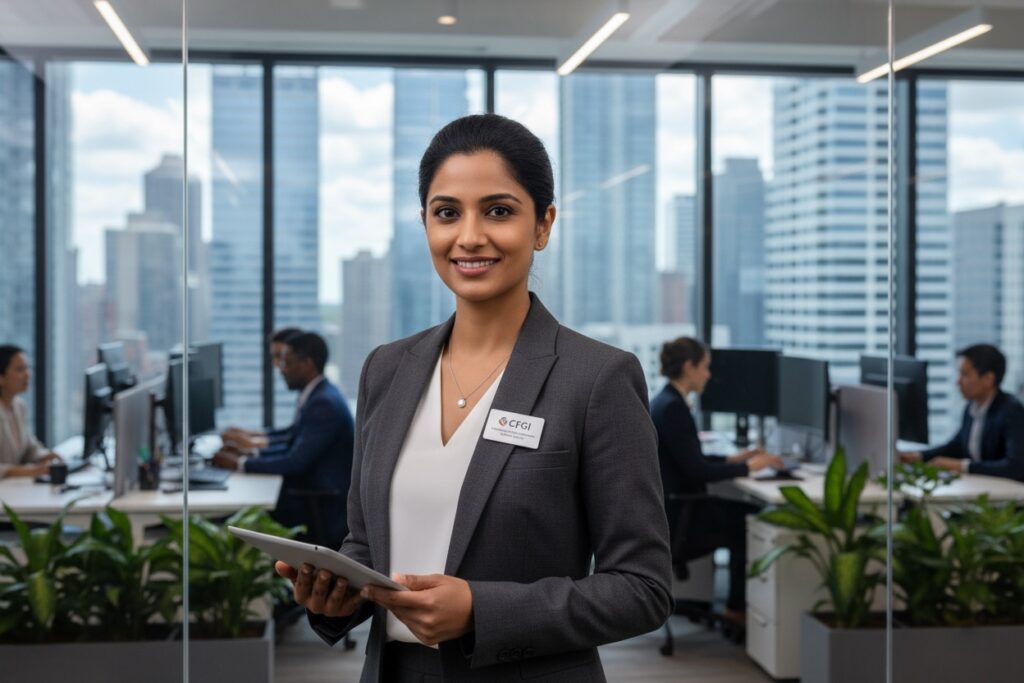 A businesswoman in a grey suit holding a tablet smiles in a modern office with large windows overlooking a city skyline.