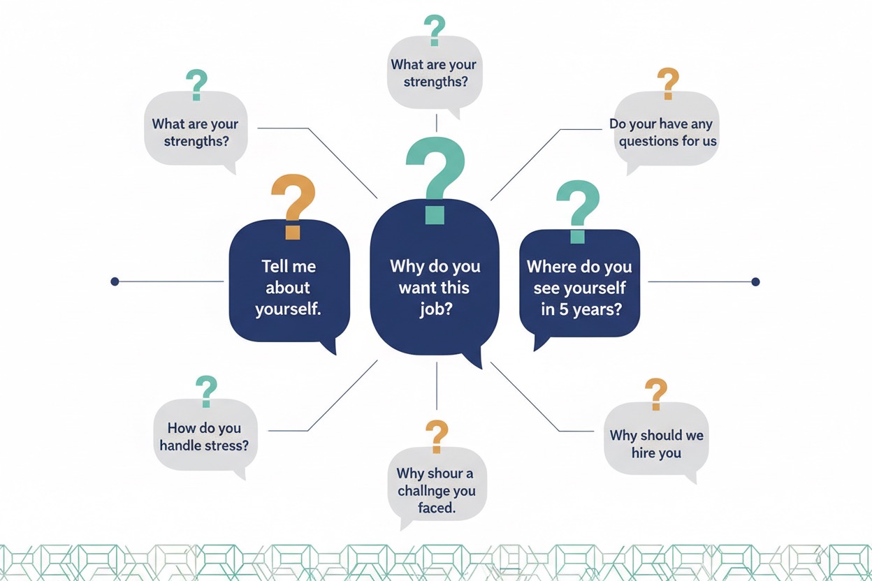 A diagram displaying common job interview questions within speech bubble graphics, with three central navy blue bubbles and surrounding grey bubbles connected by lines.