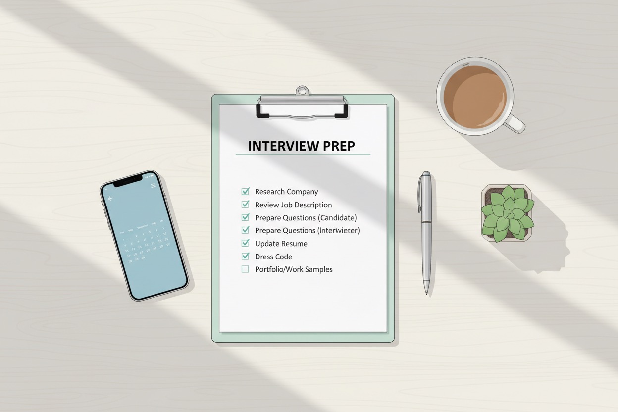 An interview preparation checklist on a clipboard lies on a wooden desk next to a smartphone, a pen, a cup of coffee, and a small potted plant.
