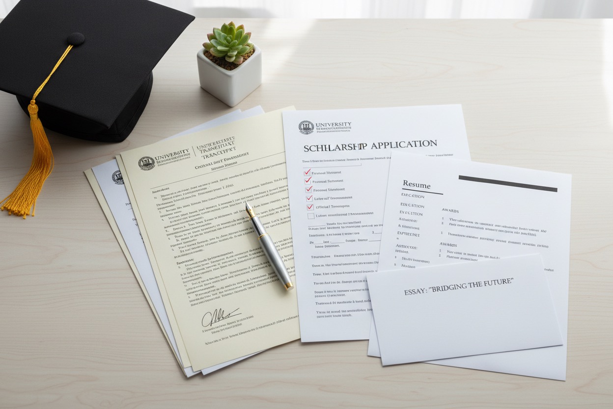 A graduation cap sits next to a scholarship application, resume, and essay papers on a wooden desk.