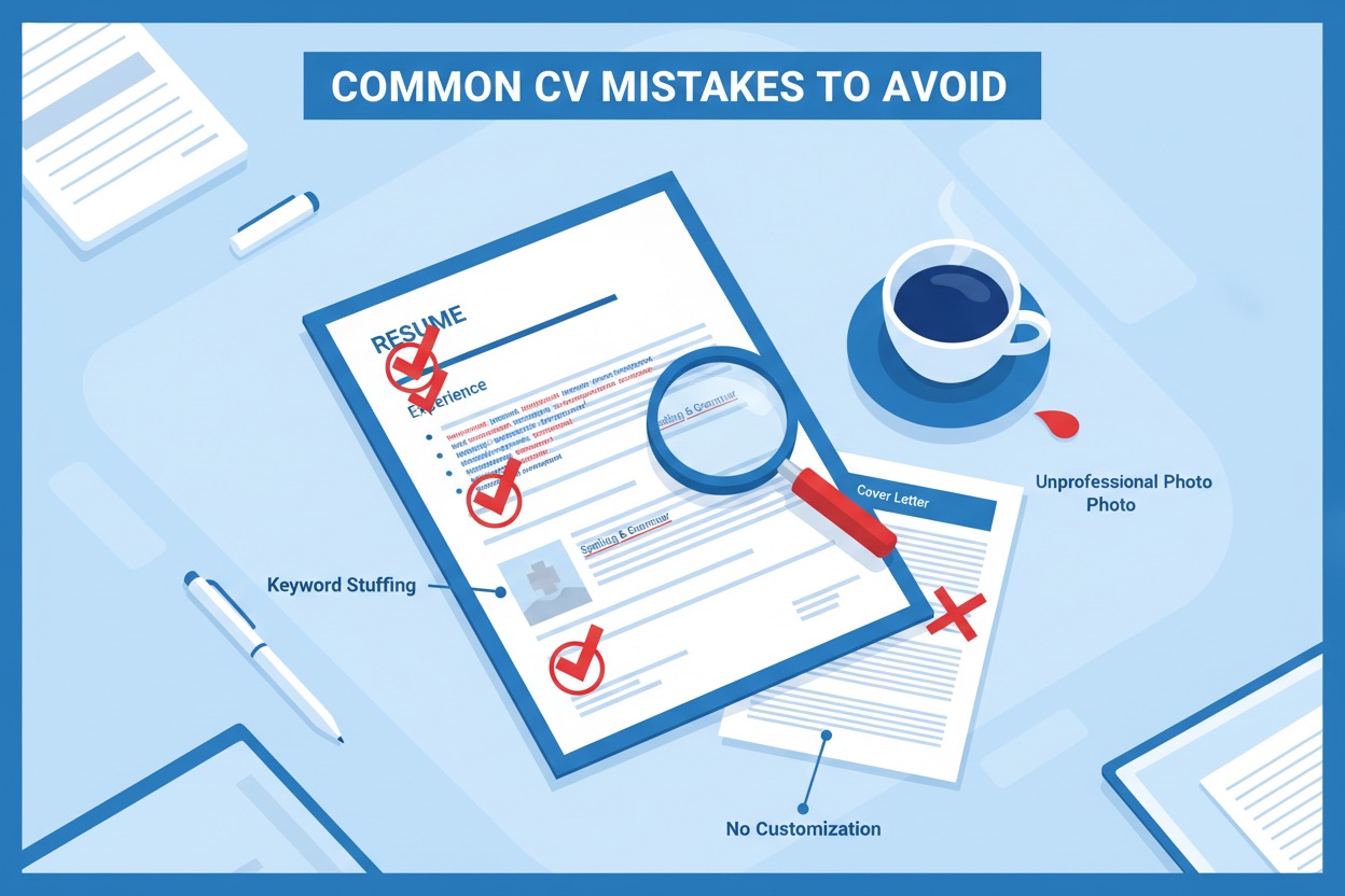 An infographic highlights common CV mistakes including keyword stuffing, spelling errors, and lack of customization, with a magnifying glass examining a resume next to a cup of coffee.
