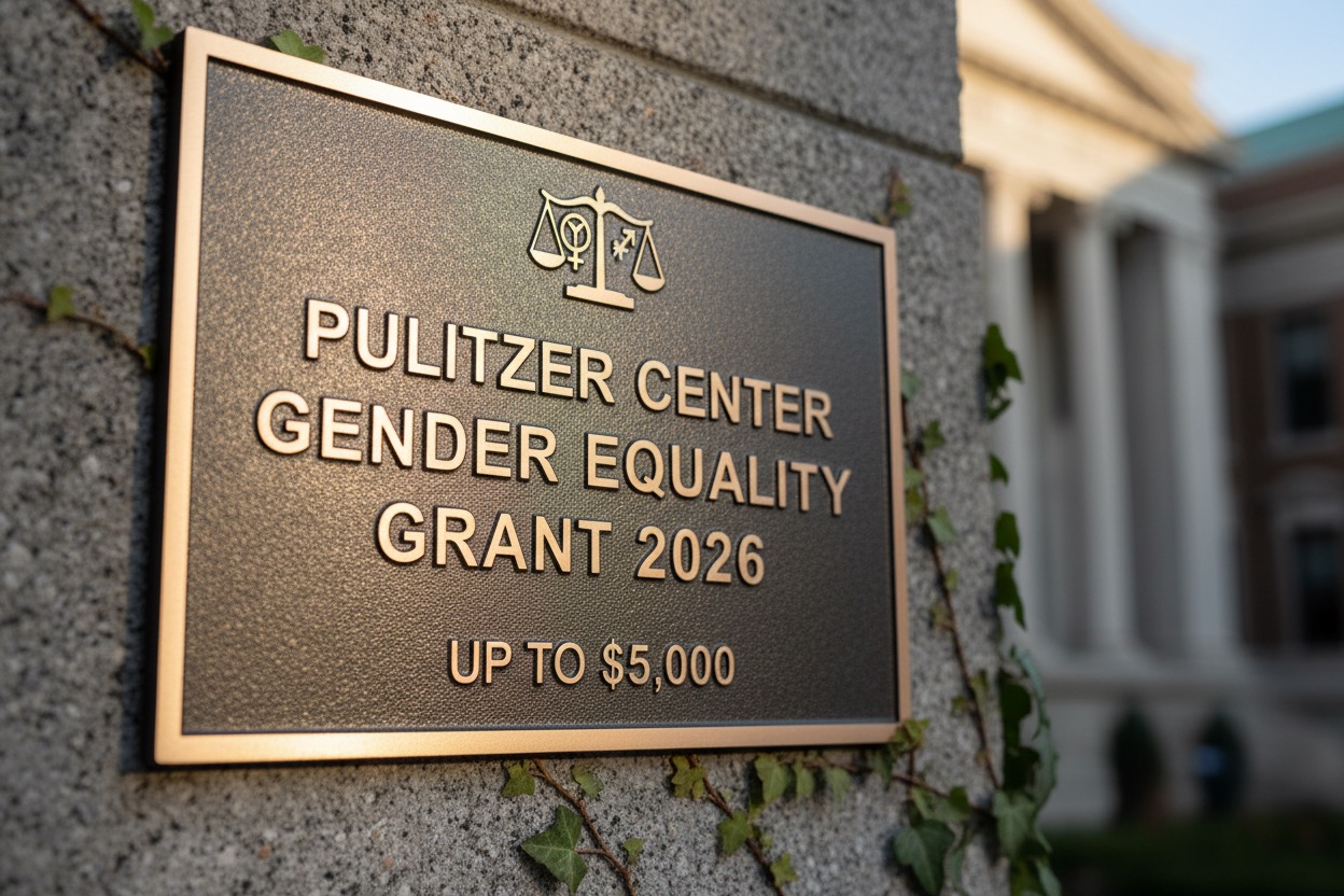 A bronze plaque mounted on a stone pillar reads "Pulitzer Center Gender Equality Grant 2026 Up to $5,000".