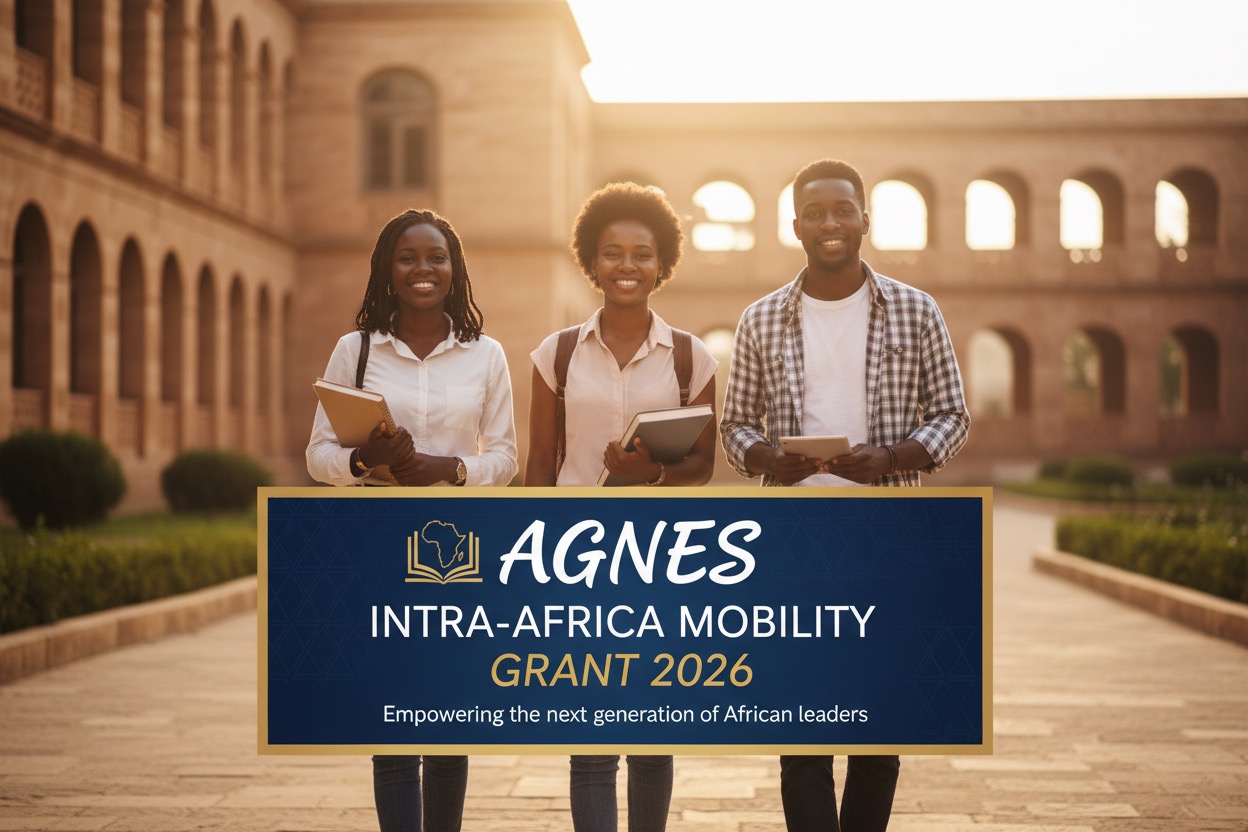 Three smiling students stand in front of a university building, with a banner overlay that reads "AGNES Intra-Africa Mobility Grant 2026."