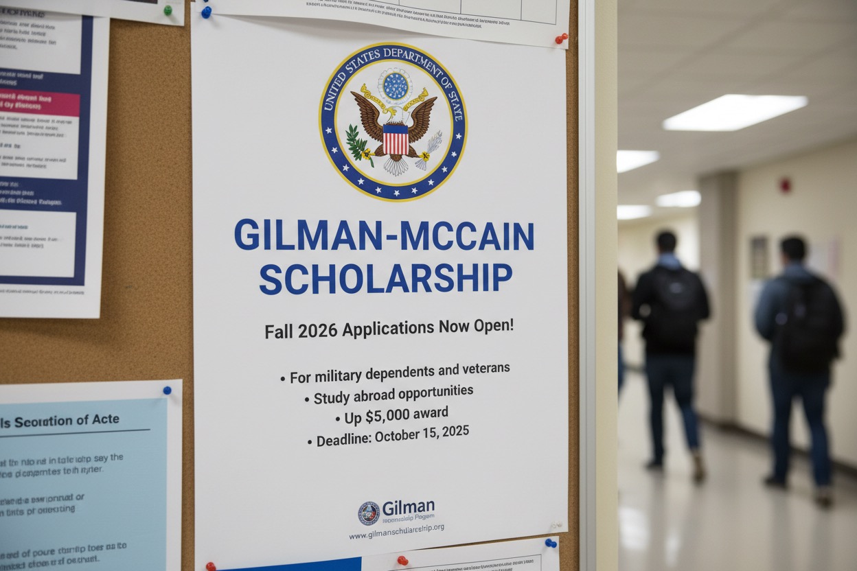 A flyer for the Gilman-McCain Scholarship is pinned to a bulletin board in a hallway.