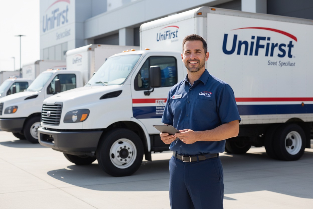 A smiling UniFirst delivery driver in a blue uniform stands in front of a row of delivery trucks while holding a tablet.