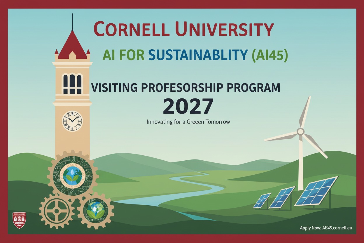 An illustrated flyer for Cornell University's 2027 AI for Sustainability Visiting Professorship Program features a clock tower, rolling green hills, a wind turbine, and solar panels.