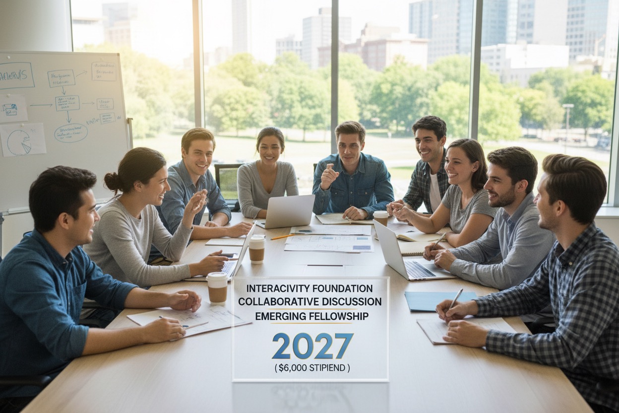 A diverse group of young professionals collaborates around a conference table in a bright, modern office with large windows overlooking a city park.