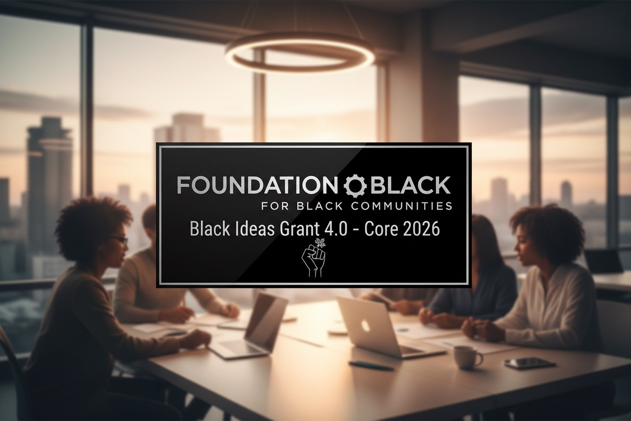 A text overlay that reads "Foundation for Black Communities, Black Ideas Grant 4.0 - Core 2026" is centered over a blurred background of people having a meeting in a boardroom with a city view.