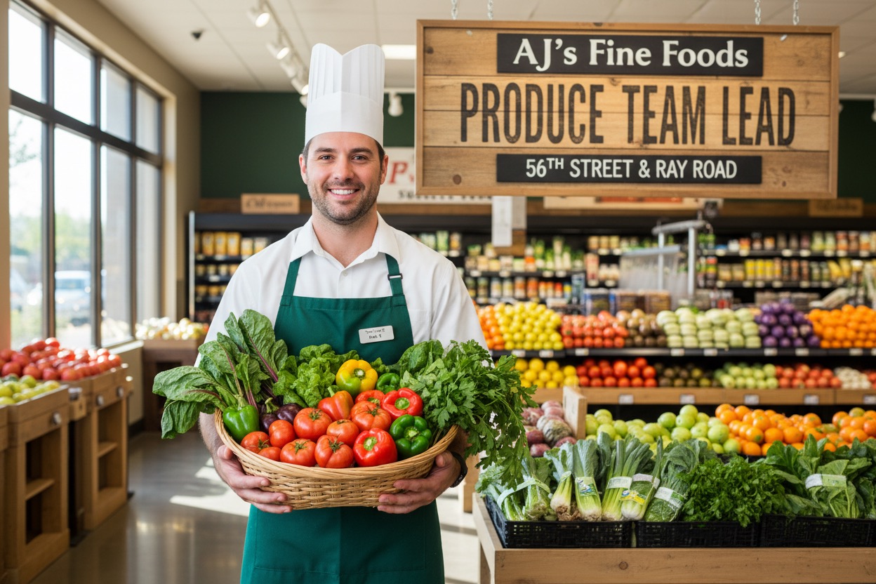 A smiling man in a chef's hat and green apron holds a basket overflowing with fresh vegetables inside a grocery store.