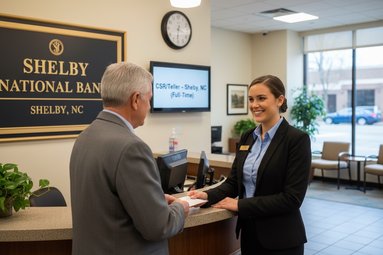 A bank teller in a black blazer smiles while helping a customer hand over a check at the Shelby National Bank counter.