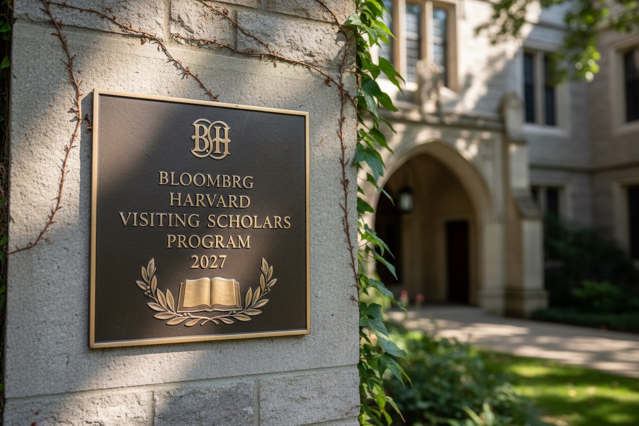 A bronze plaque mounted on a stone pillar reads "BLOOMBRG HARVARD VISITING SCHOLARS PROGRAM 2027" with an open book and olive branches below the text.