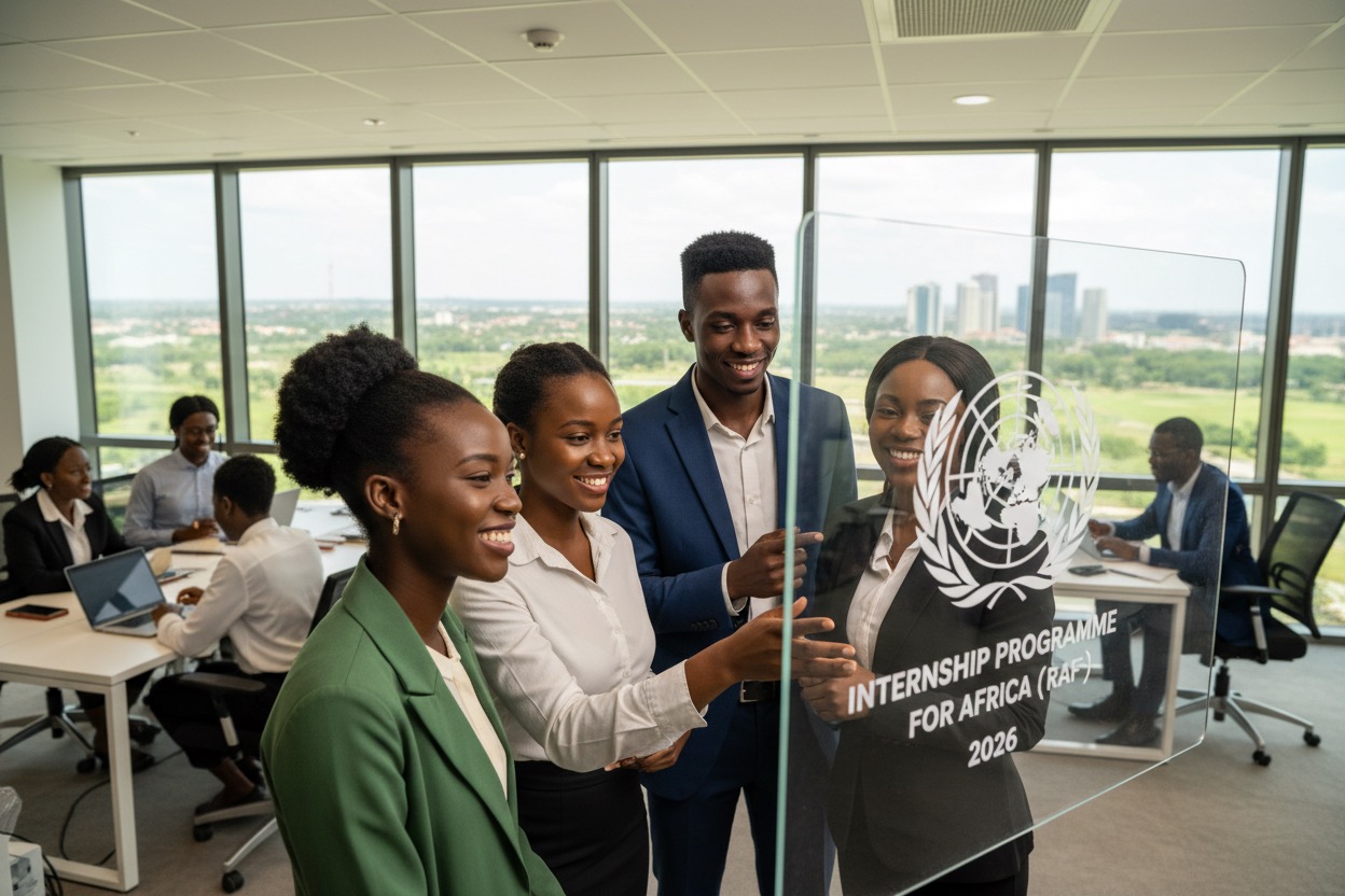 Four colleagues look at a glass partition featuring a United Nations emblem and text reading "Internship Programme for Africa (RAF) 2026."