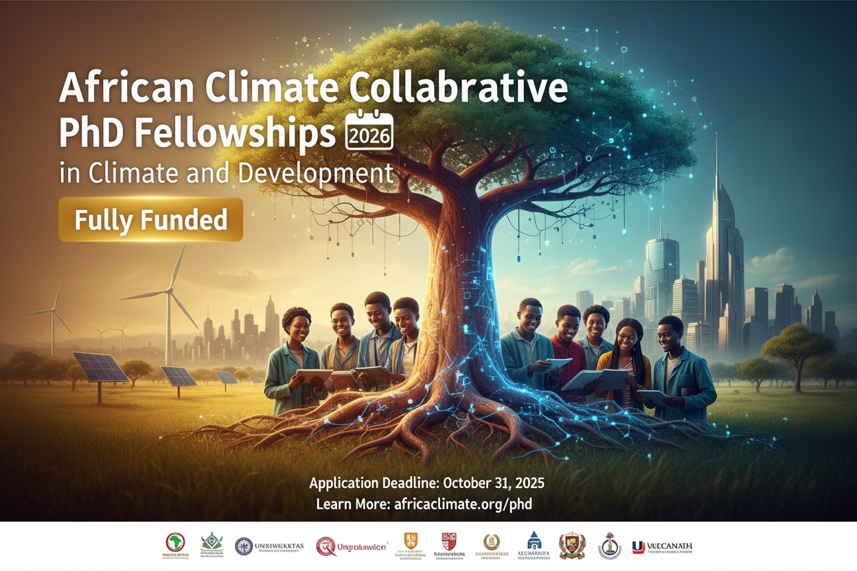 Promotional banner for African Climate Collaborative PhD Fellowships 2026 showing students standing under a glowing tree with wind turbines and a city skyline in the background.
