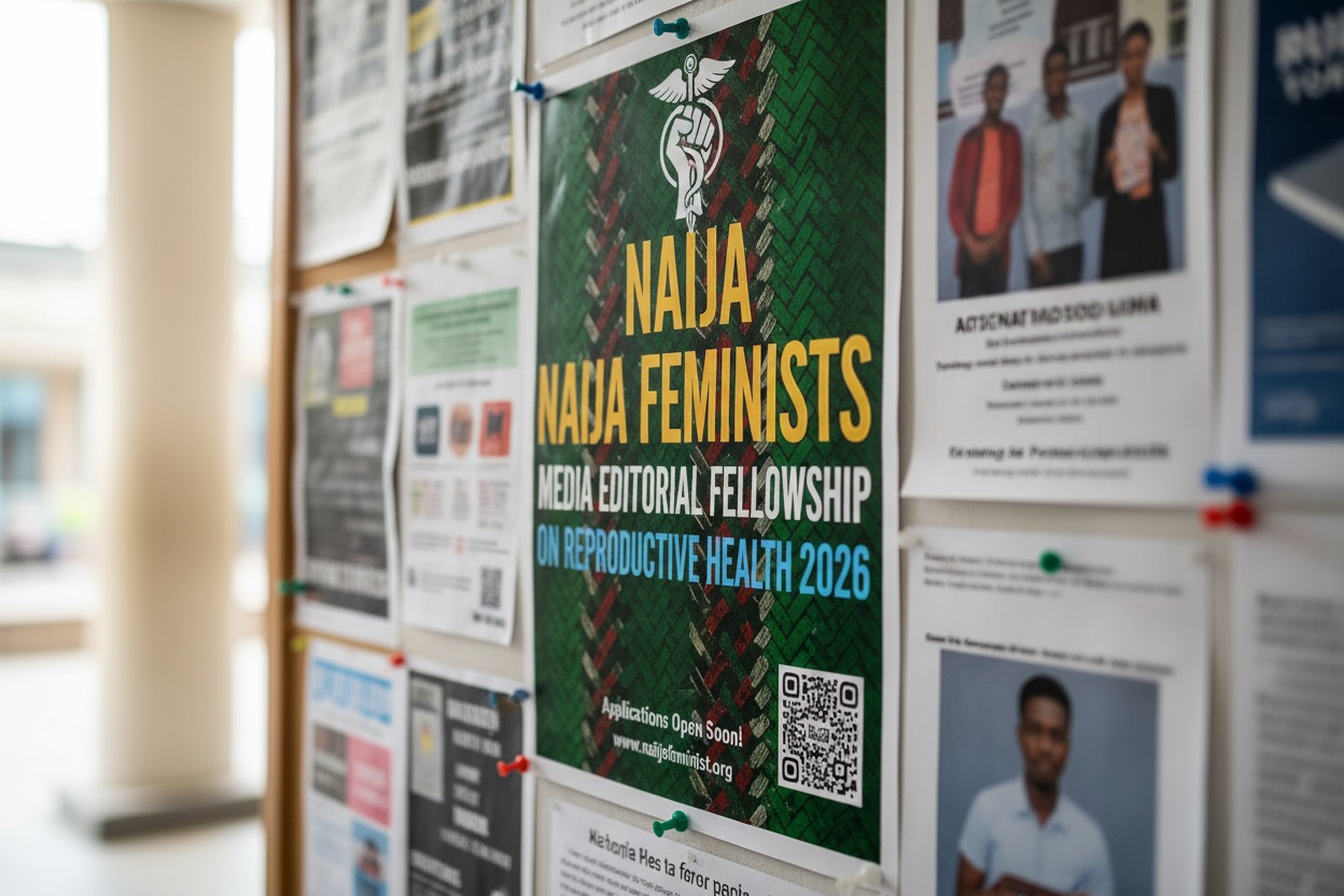 A bulletin board covered in flyers features a prominent green and yellow poster promoting the Naija Feminists Media Editorial Fellowship on Reproductive Health 2026.