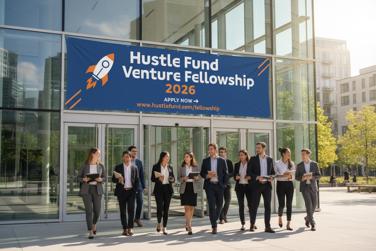 A group of nine professionals in business attire walk together out of a glass office building beneath a large blue banner that reads "Hustle Fund Venture Fellowship 2026."