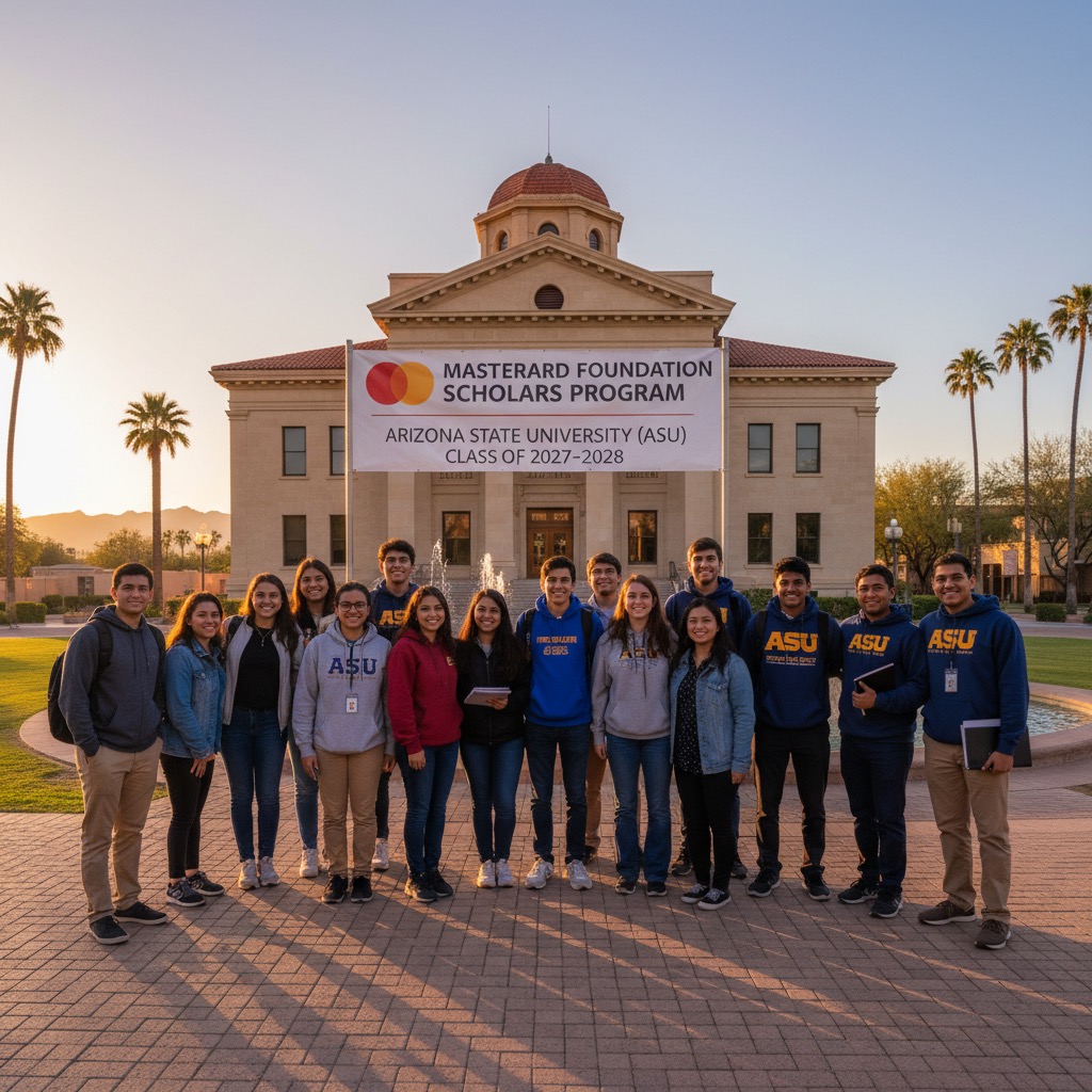 A group of Mastercard Foundation Scholars stands outside in front of an Arizona State University building holding a banner.