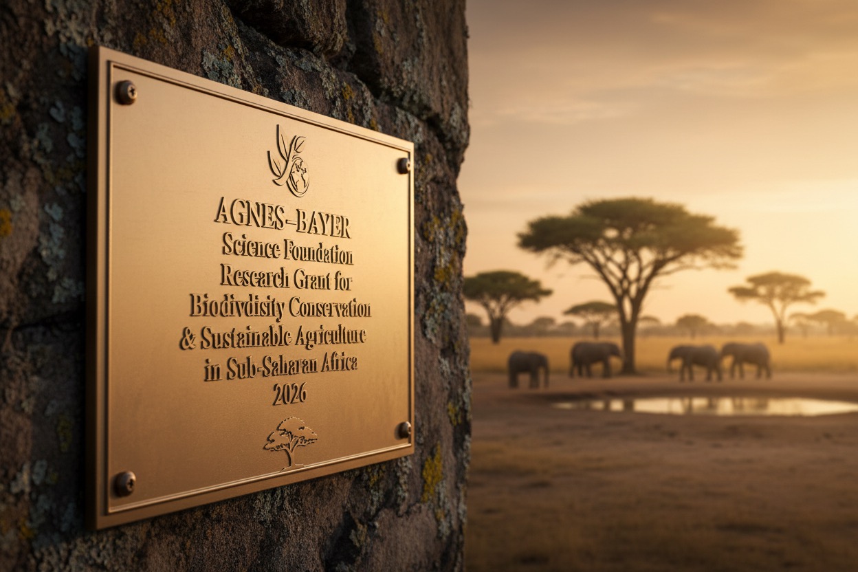 A brass plaque mounted on a stone wall reads AGNES-BAYER Science Foundation Research Grant for Biodiversity Conservation & Sustainable Agriculture in Sub-Saharan Africa 2026, with an African savannah landscape in the background.