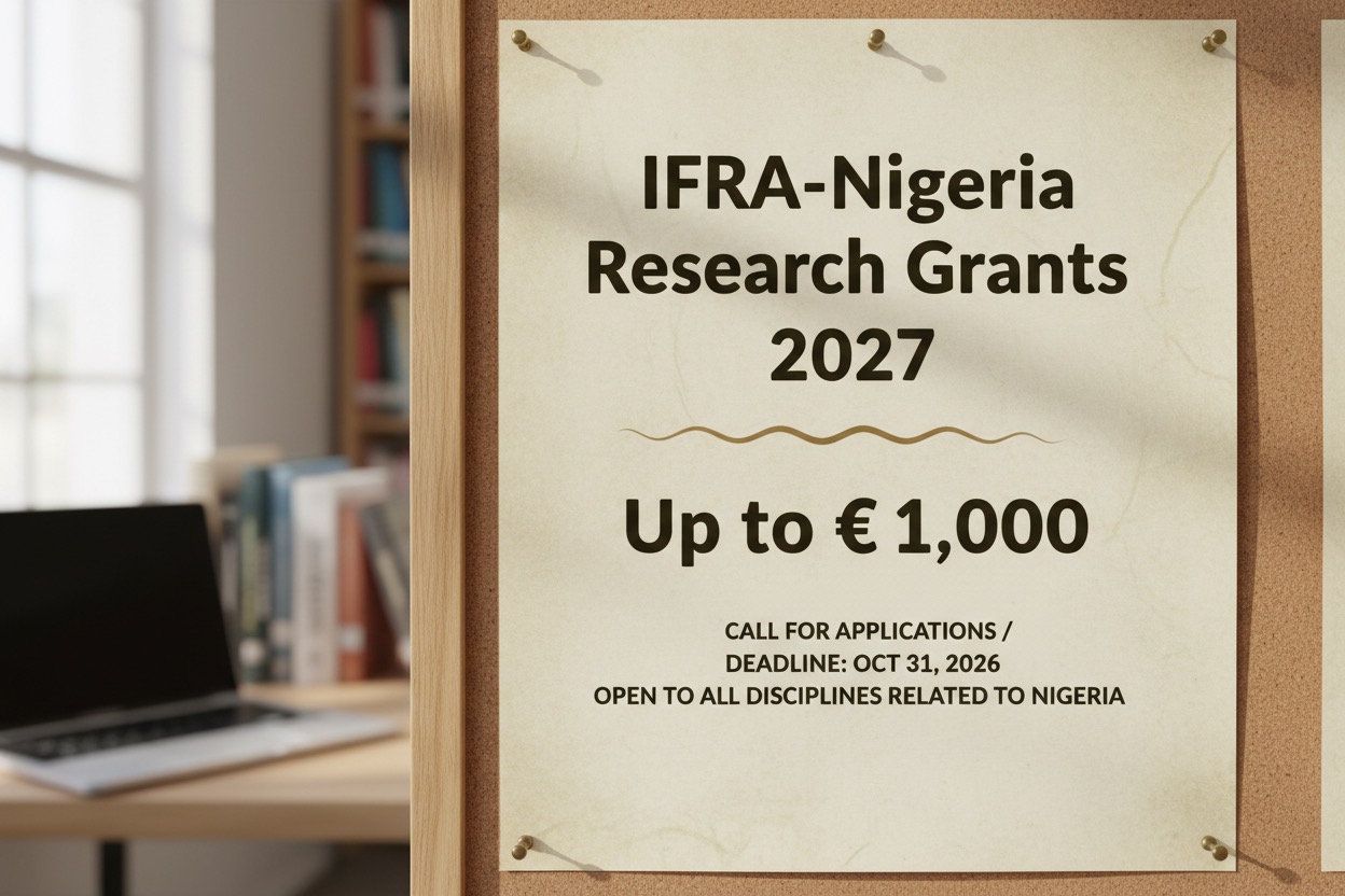 A poster on a cork board announces IFRA-Nigeria Research Grants 2027 of up to €1,000, with an application deadline of October 31, 2026.