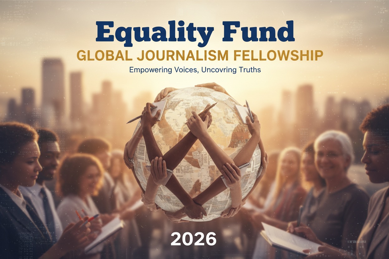A promotional graphic for the 2026 Equality Fund Global Journalism Fellowship features diverse people holding notebooks and pens around a globe made of newsprint.