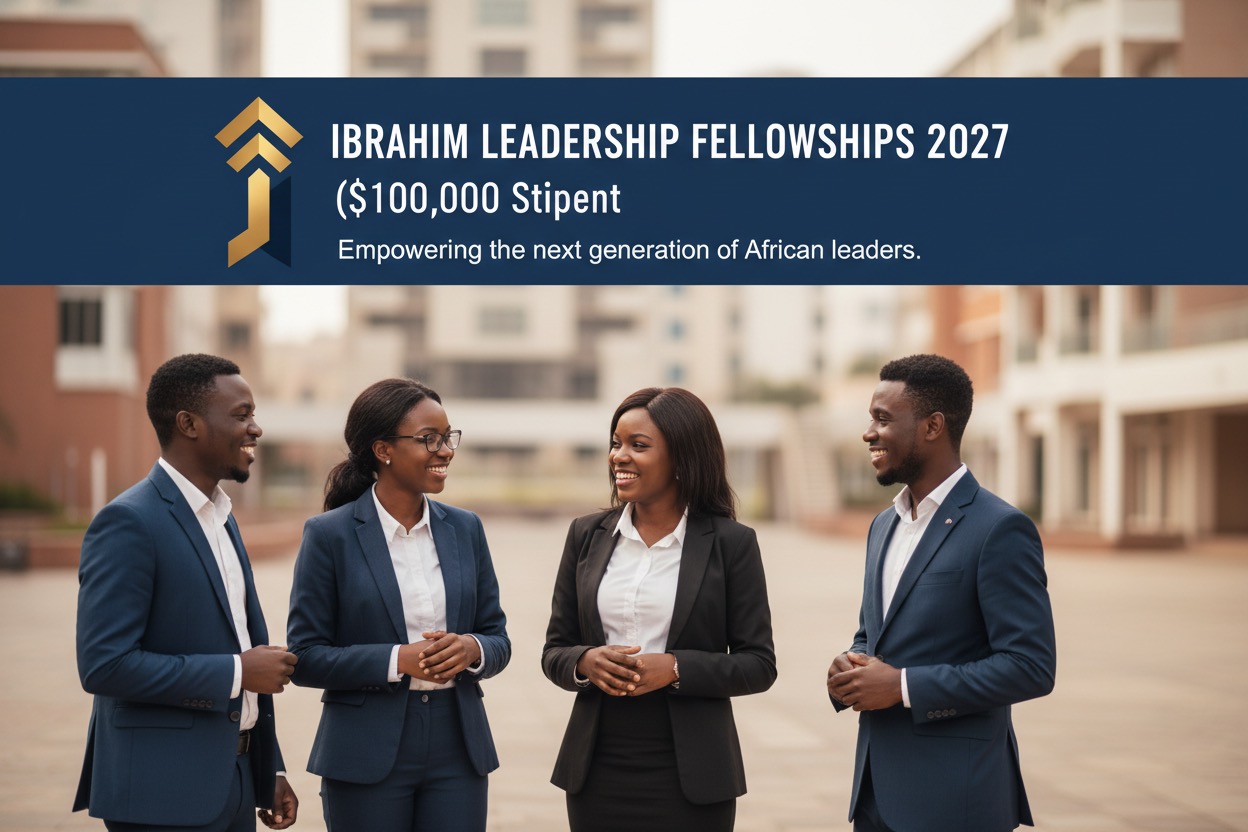 Four business professionals smile and converse outdoors in front of a banner announcing the Ibrahim Leadership Fellowships 2027.