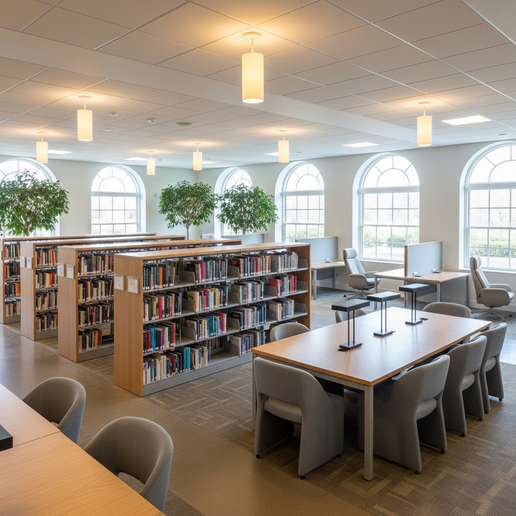 Rows of tall wooden bookshelves filled with books sit in a bright, modern library with large arched windows.