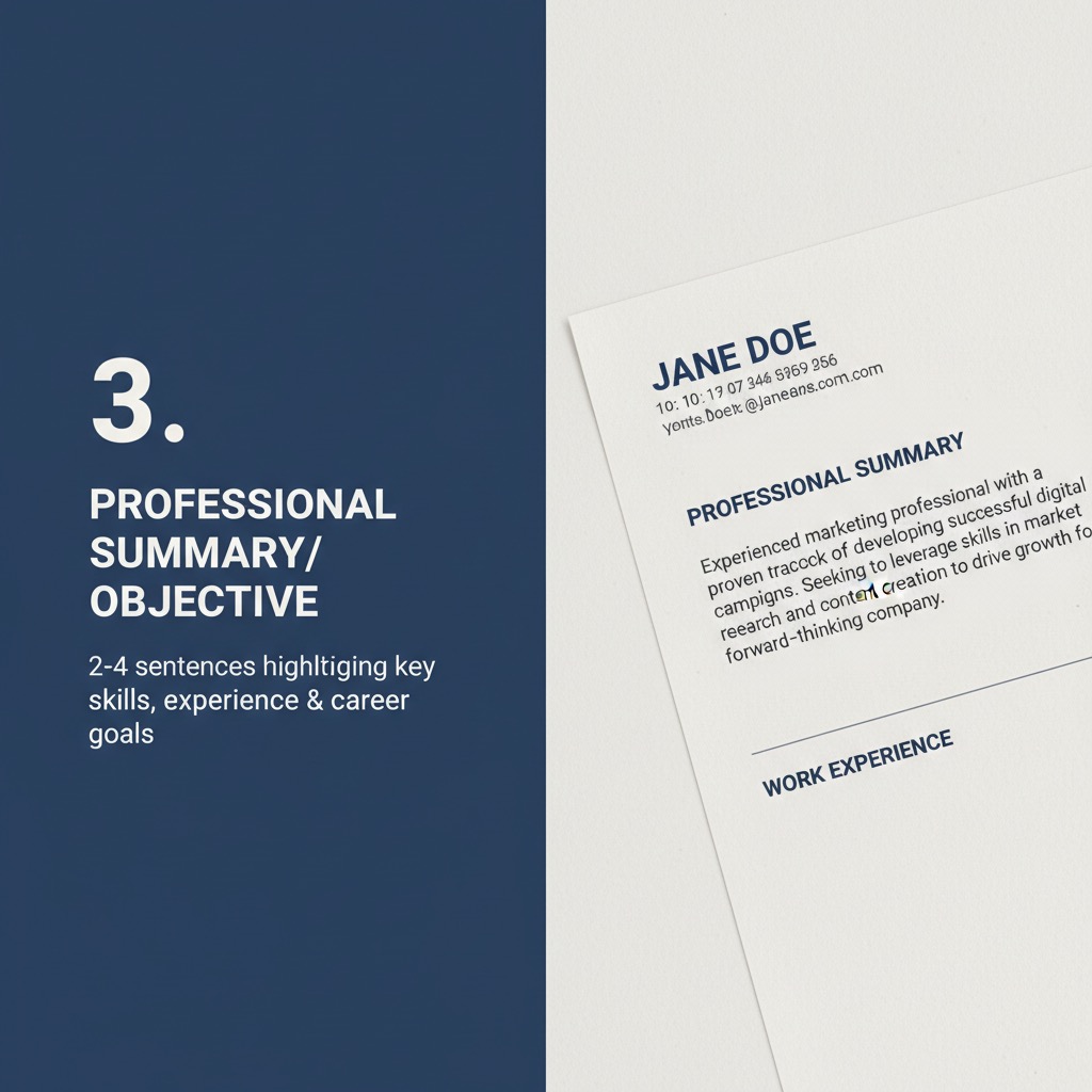 A split image showing resume writing tips on the left and a sample resume on the right.