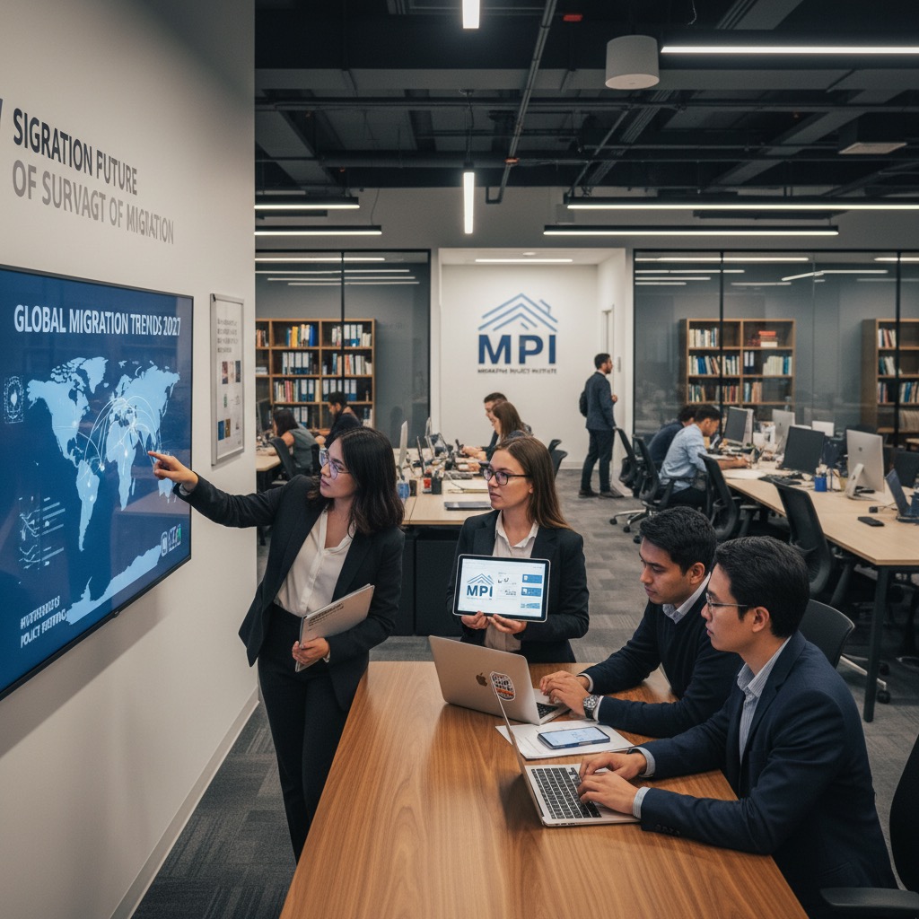 Four professionals collaborate in a modern office, with one woman pointing at a large digital world map on the wall while her colleagues review data on laptops and a tablet at a wooden conference table.