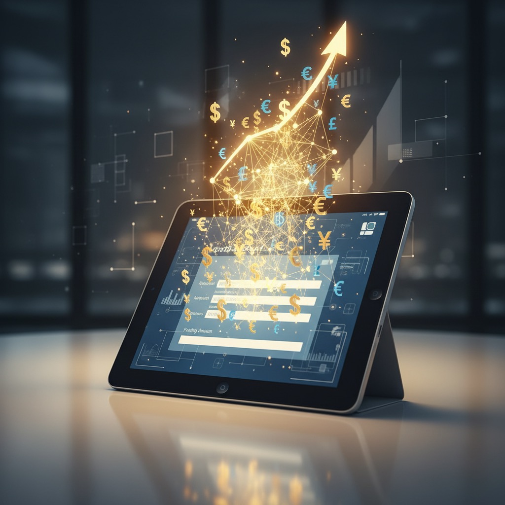 A tablet rests on a surface, displaying glowing financial charts and a rising arrow surrounded by currency symbols.
