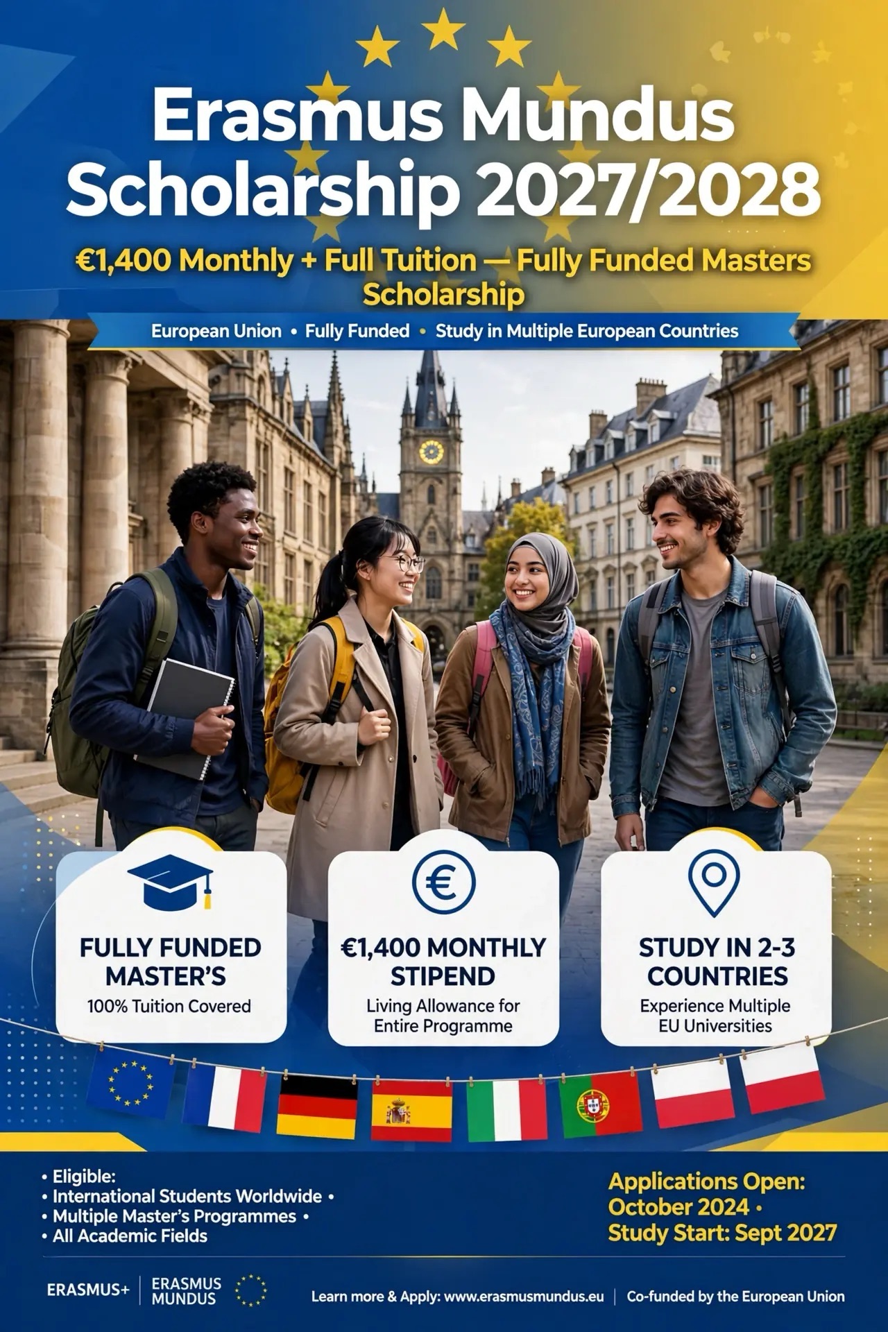 Erasmus Mundus Scholarship 2027/2028 – €1,400 Monthly Stipend | Fully Funded Joint Masters in Europe