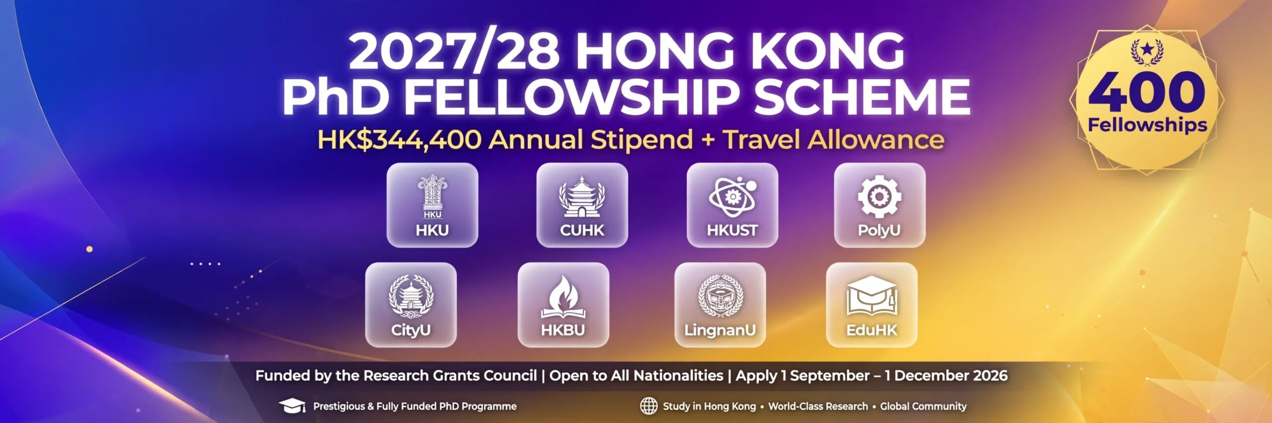 Hong Kong PhD Fellowship Scheme (HKPFS) 2027/2028 – HK$344,400 Stipend + Full PhD Funding